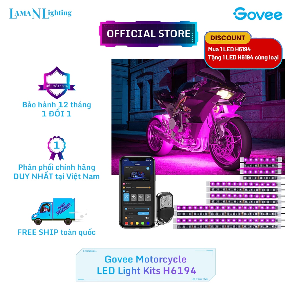 [Mua1 tặng 1] Đèn gầm xe máy Govee Motorcycle LED Light Kits H6194 |12 dải led kháng nước,16 triệu m