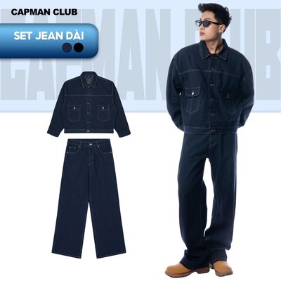 SET BỘ quần Dài và áo khoác jean nam DOL phom boxy rộng CAPMAN CLUB, thích hợp mặc đi chơi Tết