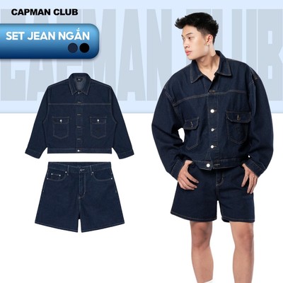SET BỘ quần Short và áo Khoác jean nam DOL phom rộng CAPMAN CLUB, bộ quần áo nam denim thích hợp mặc đi chơi