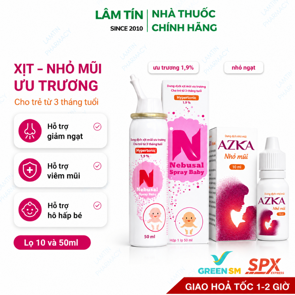 Chai xịt mũi ưu trương cho bé 3 tháng tuổi NEBUSAL SPRAY BABY 1,9% 50ml Azka nhỏ mũi giảm ngạt
