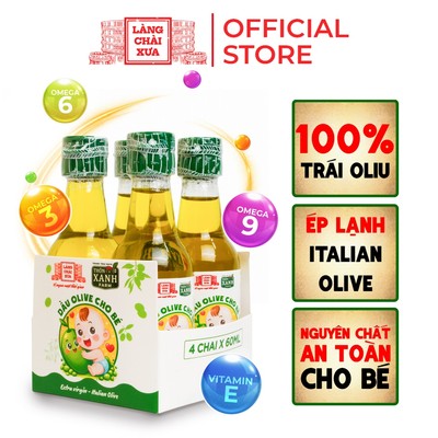 [Lốc 4 chai] Dầu Olive Nguyên Chất Chai 60ml Ép Lạnh Từ ITALIAN OLIVE cho bé ăn dặm Làng Chài Xưa