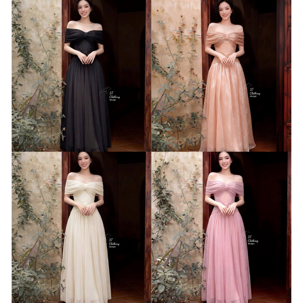 [3T CLOTHING] Đầm Nữ Trễ Vai Tơ Tằm Vân Mây 2 Lớp, Váy Xòe Tiểu Thư Tôn Dáng, Đầm Dự Tiệc Đi Chơi Bi