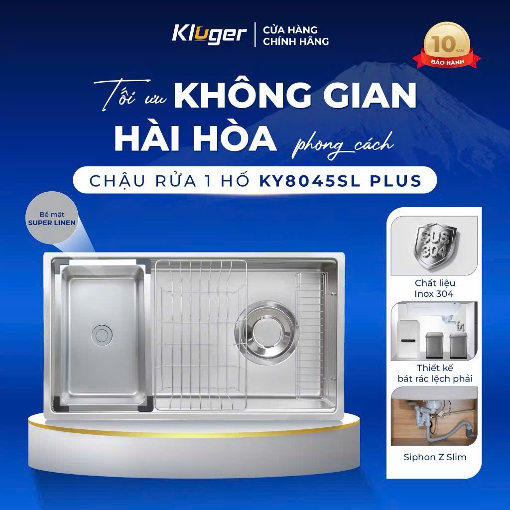 Chậu rửa bát Kluger KY8045SL Plus phong cách Nhật, bát rác lệch, bề mặt Super LINEN mịn đẹp hơn