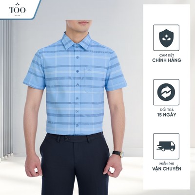 [NEW] Áo Sơ Mi Nam Ngắn Tay Công Sở Dáng Slimfit Họa Tiết Kẻ Trắng Xanh Đan Xen Mát Mịn TQQ K701CB