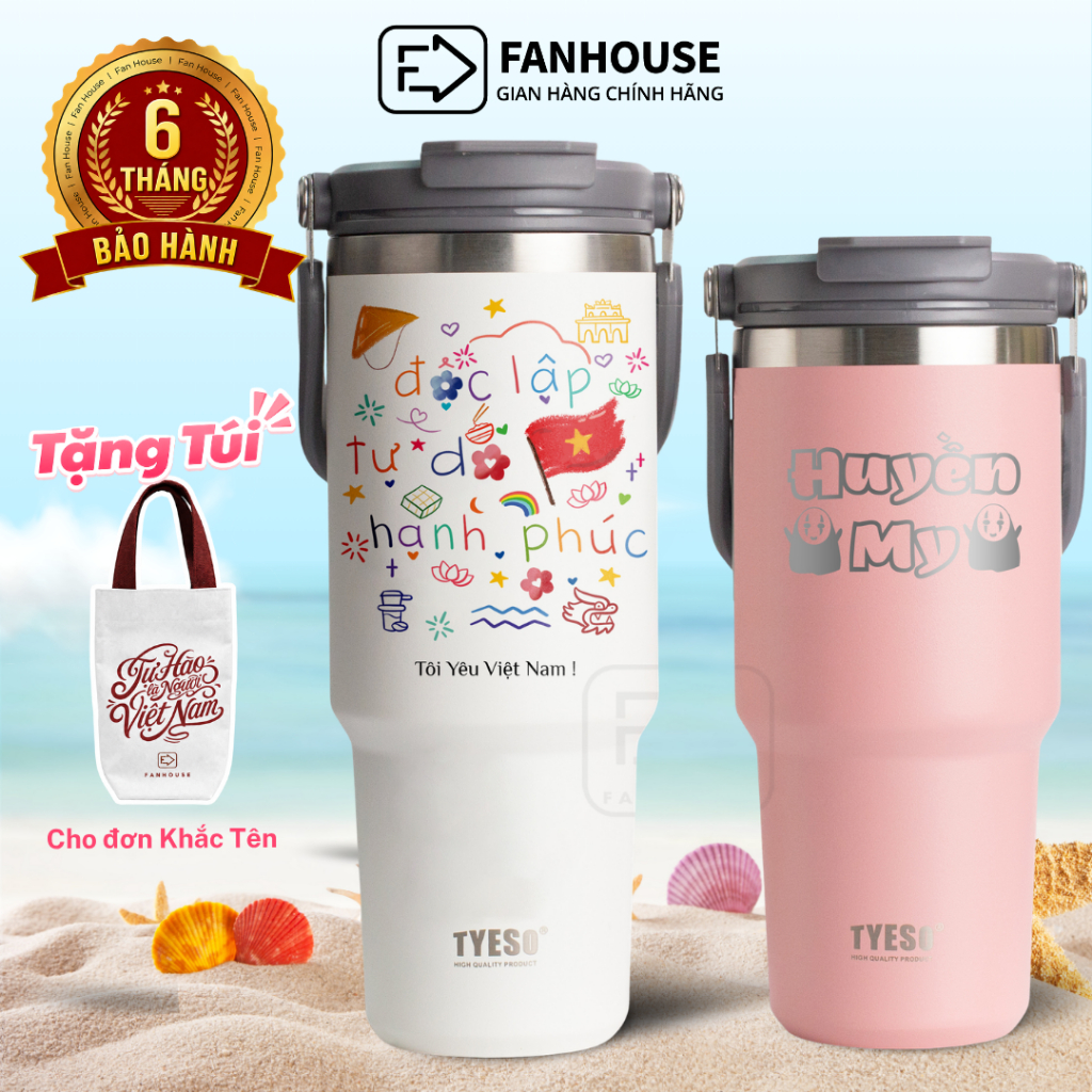 Ly giữ nhiệt cao cấp Tyeso V2, cốc giữ nhiệt thể thao có quai xách Fan House 4 dung tích 600-1200ml