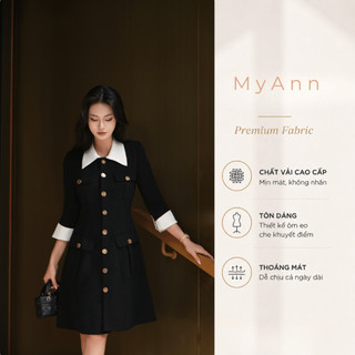 Váy ôm A công sở cổ trắng phối cúc đồng tay lỡ thanh lịch (Neini)