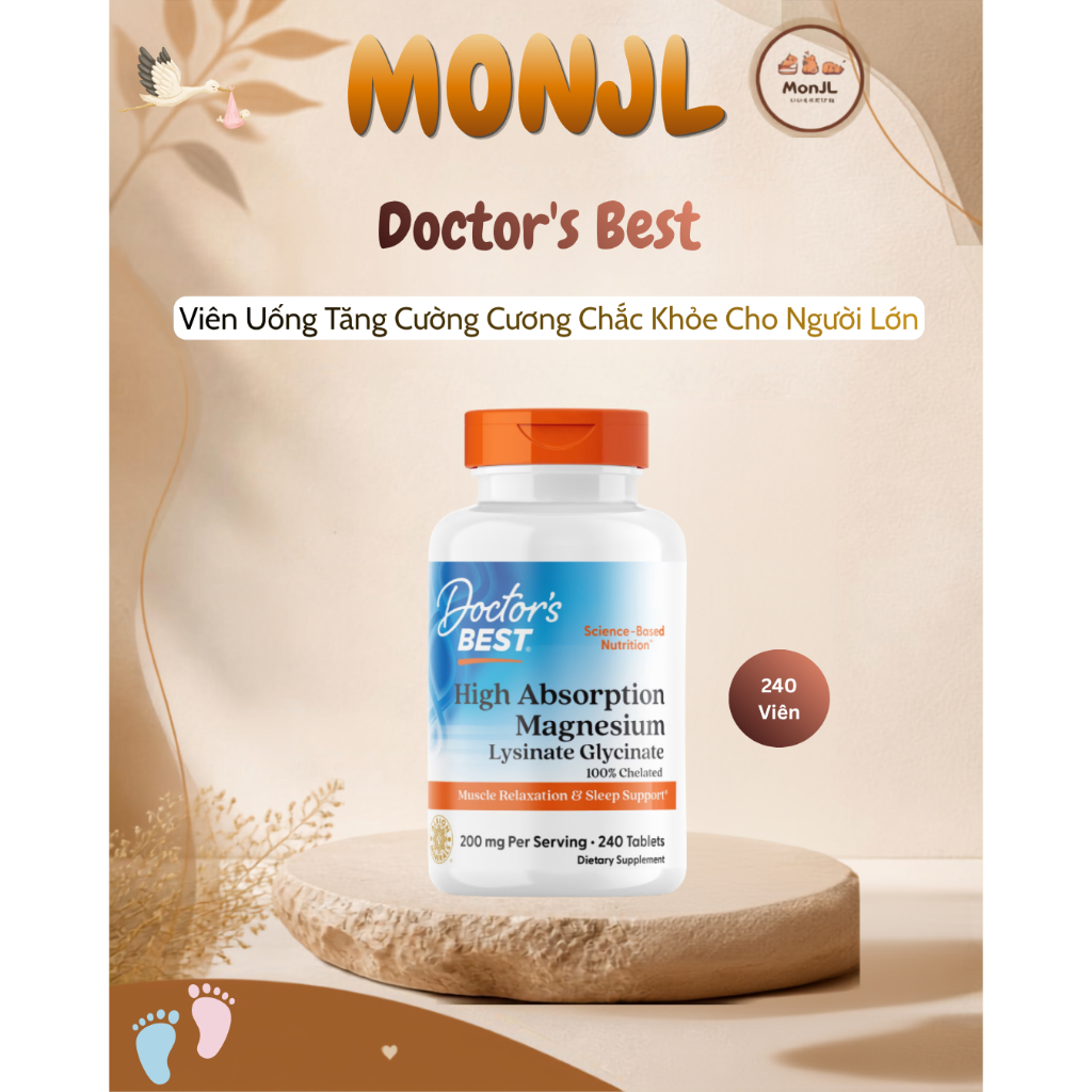 240 Viên uống Doctor's Best  Magie Magnesium dễ hấp thu, giảm stress, mất ngủ, chuột rút