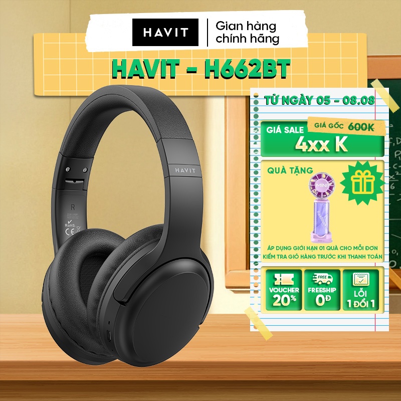 Tai nghe Bluetooth Headphone Havit H662BT Pin 20 tiếng | Kiểu Dáng Basic | BT 5.3