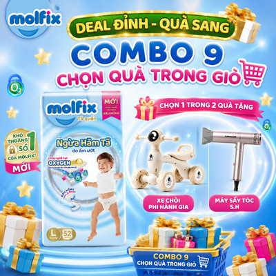 [Chọn QUÀ trong giỏ hàng] Combo 9 Tã/bỉm quần Oxy Super Jumbo Molfix (CÓ MIX SIZE) giúp Ngừa Hăm Tã đủ các size cho Bé