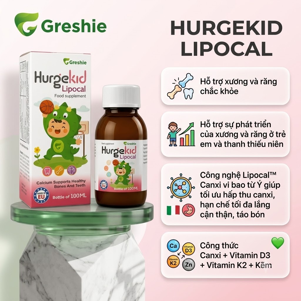 Bổ sung Canxi + D3K2 cho bé Greshie Hurgekid Lipocal 100ml nhập khẩu Ý