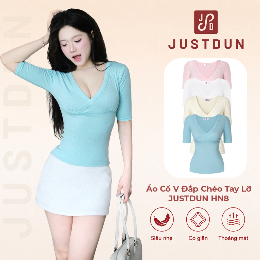 Áo Thun Ôm Body Cổ V Đắp Chéo Tay Lỡ JUSTDUN Chất Thun Cotton Mềm Mịn HN8