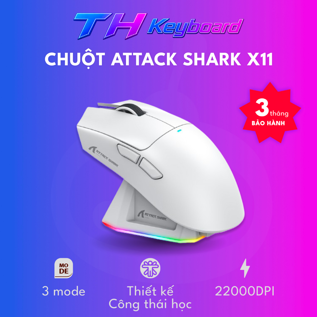 Chuột Không Dây Bluetooth Attack Shark X11 Chip PRO PAW3311 Có Dock Sạc LED, 22000 DPI THKeyboard