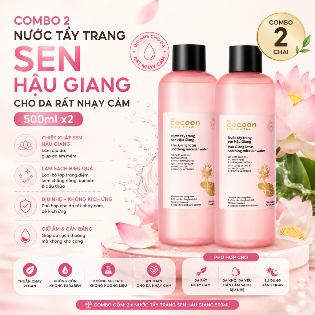Combo 2 Nước Tẩy Trang Cocoon Sen Hậu Giang Cho Da Rất Nhạy Cảm 500ml
