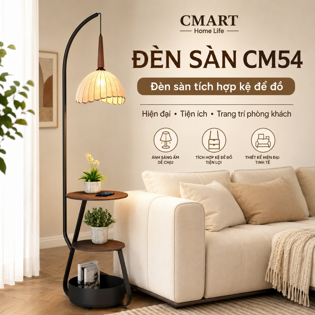𝐂𝐌𝐀𝐑𝐓.𝐆𝐢𝐚 𝐝𝐮̣𝐧𝐠 Đèn Sàn Dáng Cong Cạnh Ghế Sofa Phòng Khách Tích hợp bàn Bàn Cà Phê Để đồ CM54
