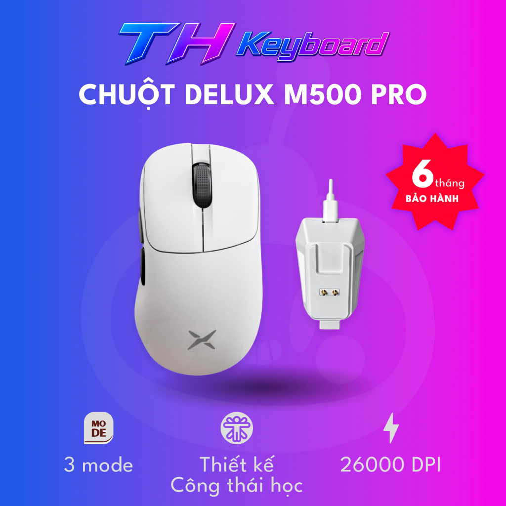 Chuột chơi game Cao Cấp Delux M500 PRO PAW3395 MAX 26000 DPI Đế sạc RGB  Bluetooth THKeyboard