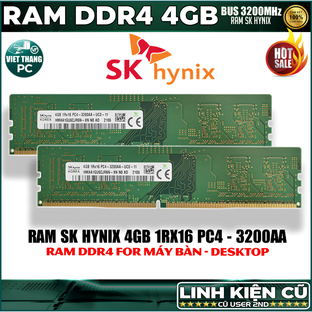 Ram Máy Tính SK hynix 4GB DDR4 3200MHz Cũ đã qua sử dụng đẹp cho Main H110, H310 ( Cũ - LikeNew )