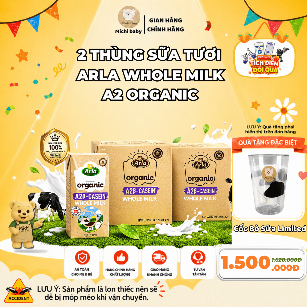 [TẶNG CỐC BÒ SỮA LIMITED] - Combo 2 Thùng- 40 Hộp Sữa Tươi UHT Hữu Cơ Đạm A2 Arla Đan Mạch 200ml - M