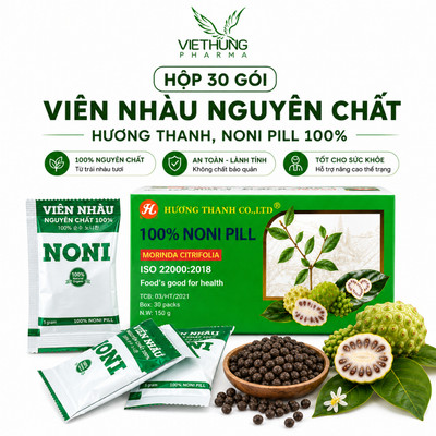 Hộp 30 gói Viên Nhàu Nguyên Chất Hương Thanh, Noni Pill 100%, Chiết Xuất Từ Quả Nhàu Chín 100%, tiện lợi, dễ mang theo