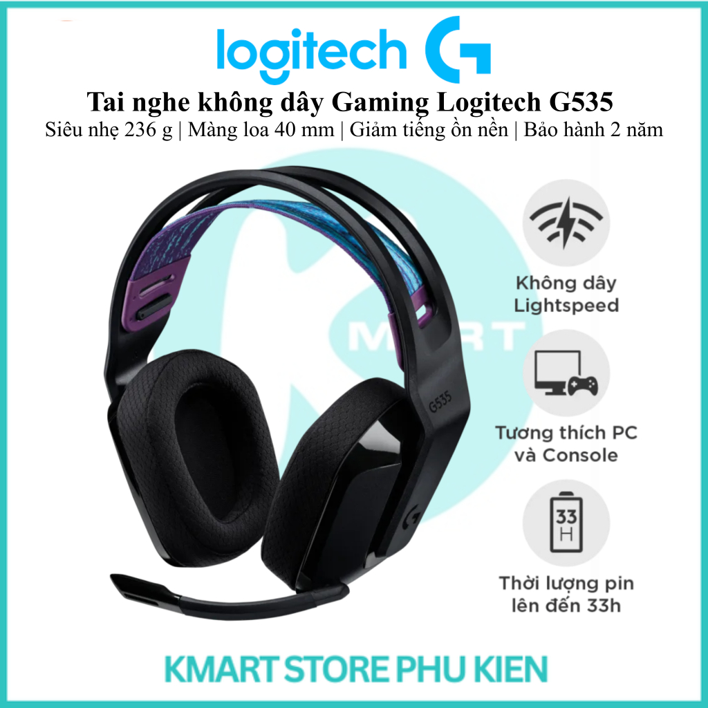 Tai nghe không dây Gaming Logitech G535 | Siêu nhẹ 236 g | Màng loa 40 mm | Giảm tiếng ồn nền | Bảo 