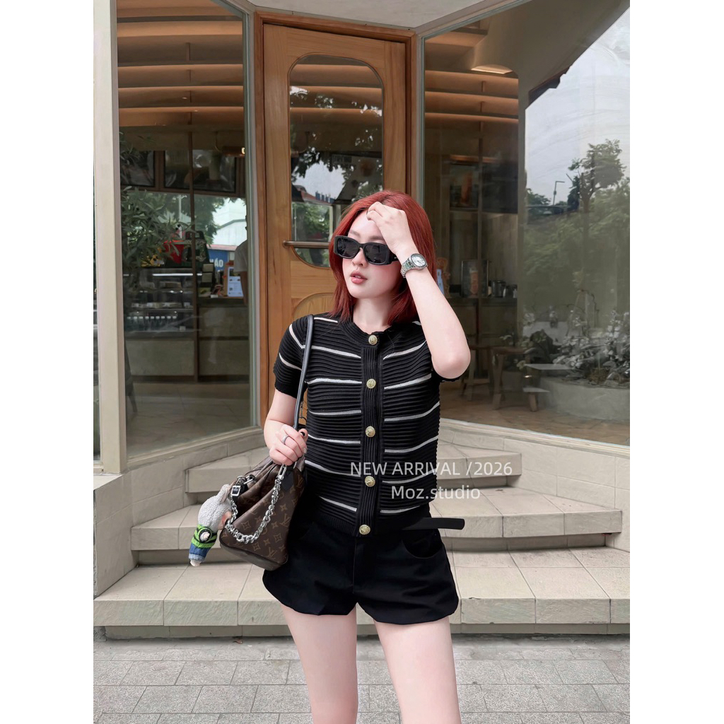 Áo Len Balmain Kẻ Cộc Tay QC