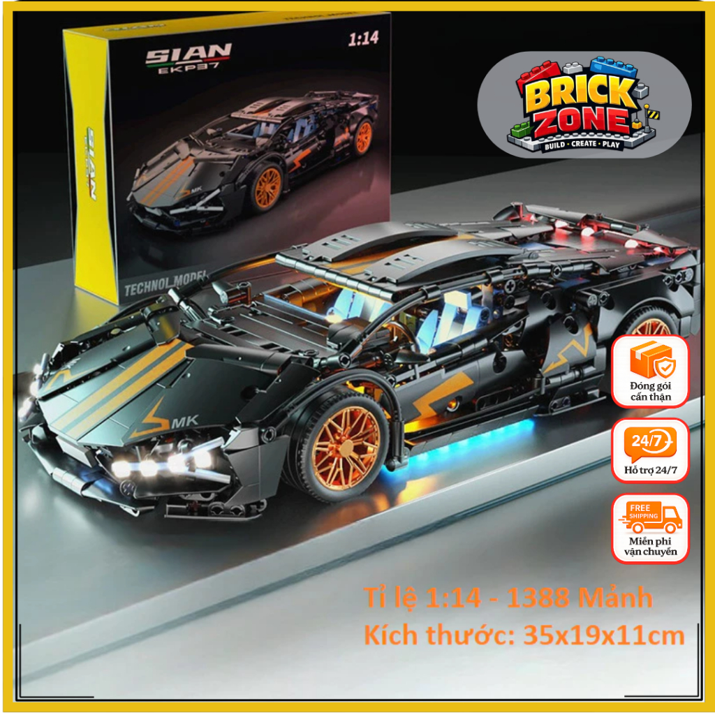 Brick Zone Mô hình sưu tầm lắp ráp siêu xe Ô tô Lambo Mk3001 Đen Cam tỉ lệ 1:14 với 1388 PCS Đồ Chơi