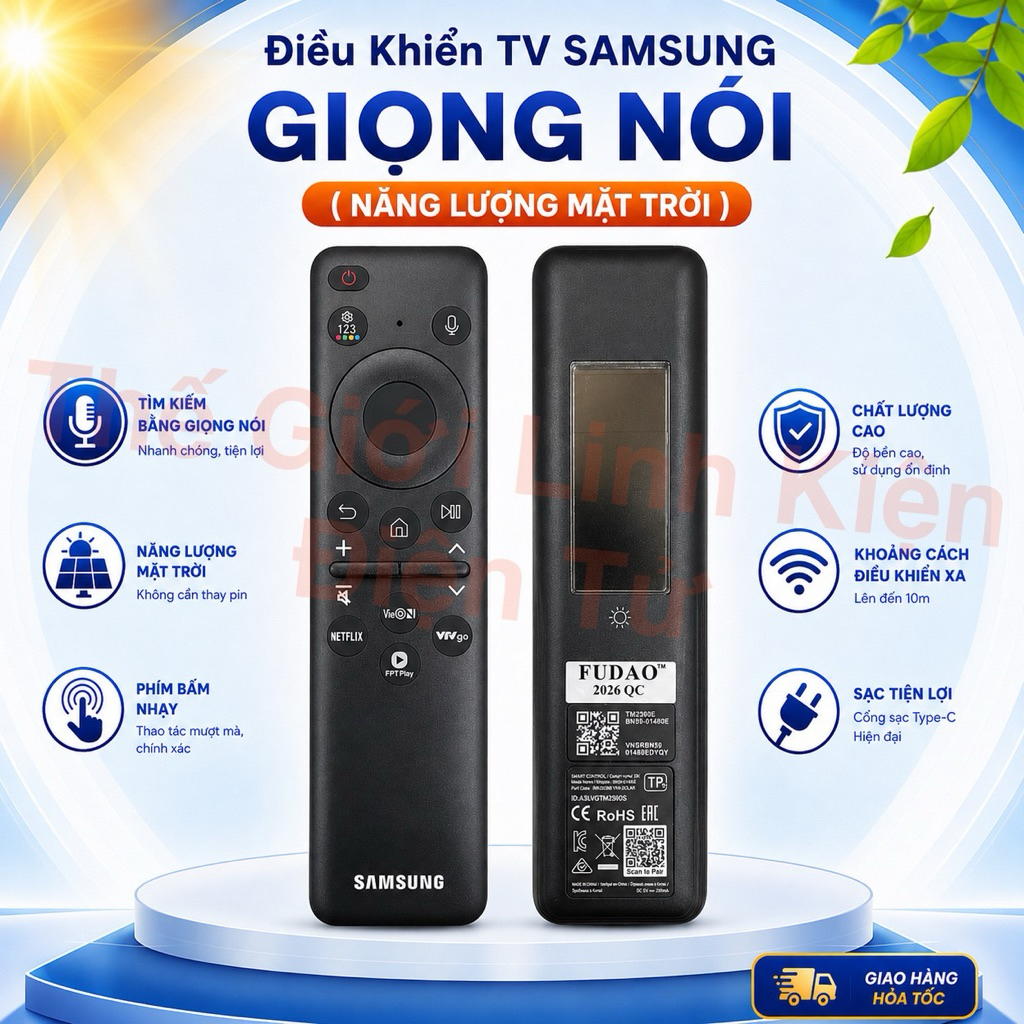 Điều Khiển Remote Smart TV SAMSUNG Giọng Nói ( Ngắn ) - Năng Lượng Mặt Trời - 4 Nút ( FPT PLAY-NETFL