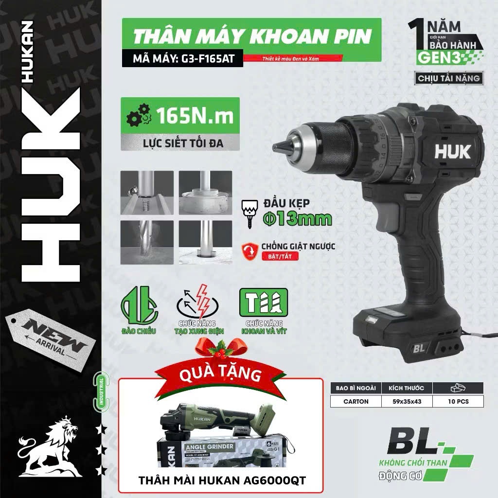 Máy khoan pin HUKAN G3-F165 Lực Siết:165Nm, Có Tính Năng Anti Kickback, Tạo Xung, Tặng Thân Mài 5700