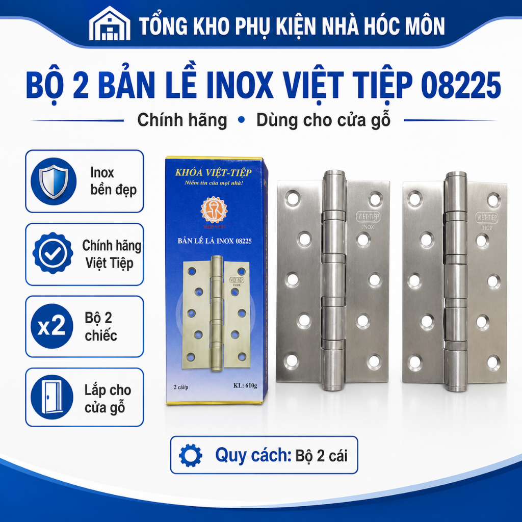 Bộ 2 Bản Lề Inox Việt Tiệp 08225 – Chính Hãng, Dùng Cho Cửa Gỗ
