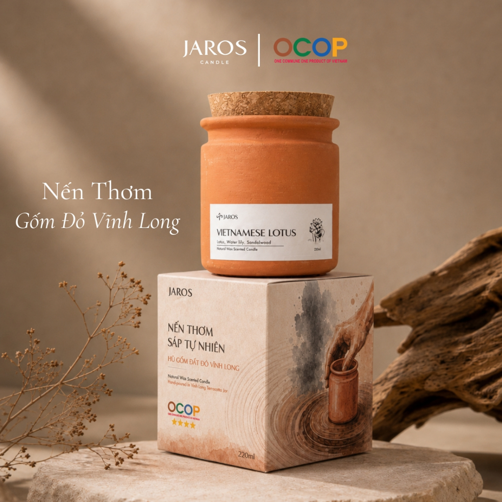 Nến Thơm Sáp Hũ Gốm Đỏ Truyền Thống JAROS CANDLE Mùi Hương An Toàn, Dễ Chịu OCOP 4 Sao 220ml