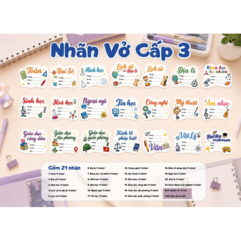 [Mẫu mới 2026] Set 20 nhãn vở tên môn học thiết kế Bullet Journal cấp 1 2 3