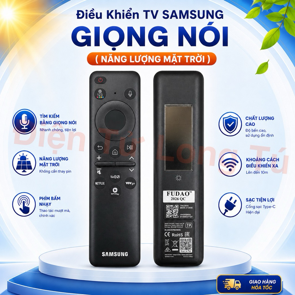 Điều Khiển Remote TV SAMSUNG Giọng Nói - Năng Lượng Mặt Trời ( Khiển Ngắn 4 Nút FPT Play - NETFLIX -