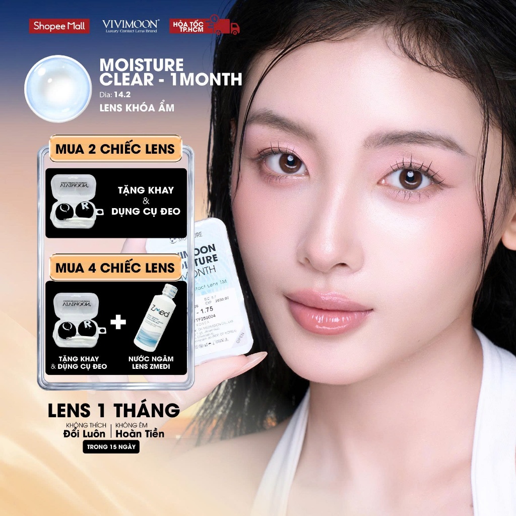 VIVIMOON lens cận 1 tháng khóa ẩm màu trong suốt tự nhiên Moisture Clear