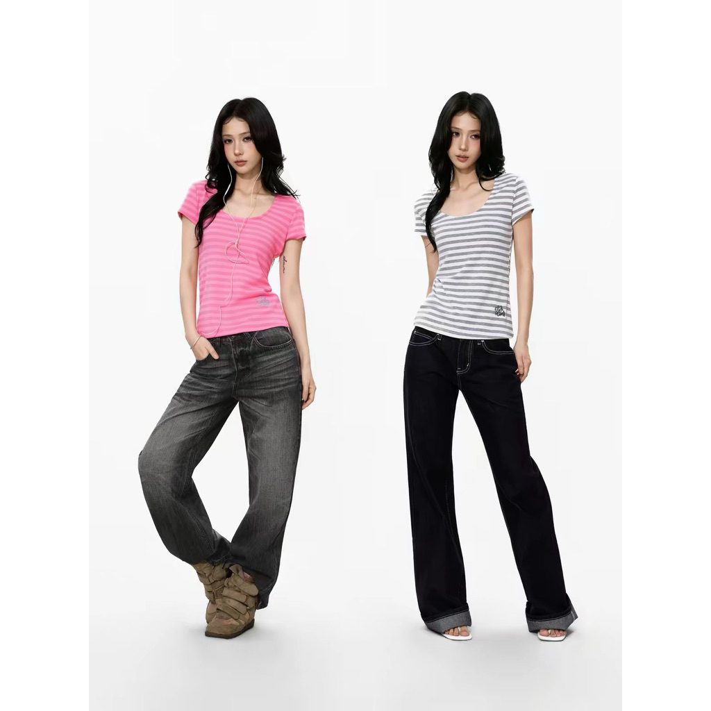 Áo Thun Nữ Kẻ Sọc Hồng Y2K Baby Tee - Áo Phông Cổ Chữ U Sâu Dáng Ôm Acubi Style Hàn Quốc Co Giãn Tôn