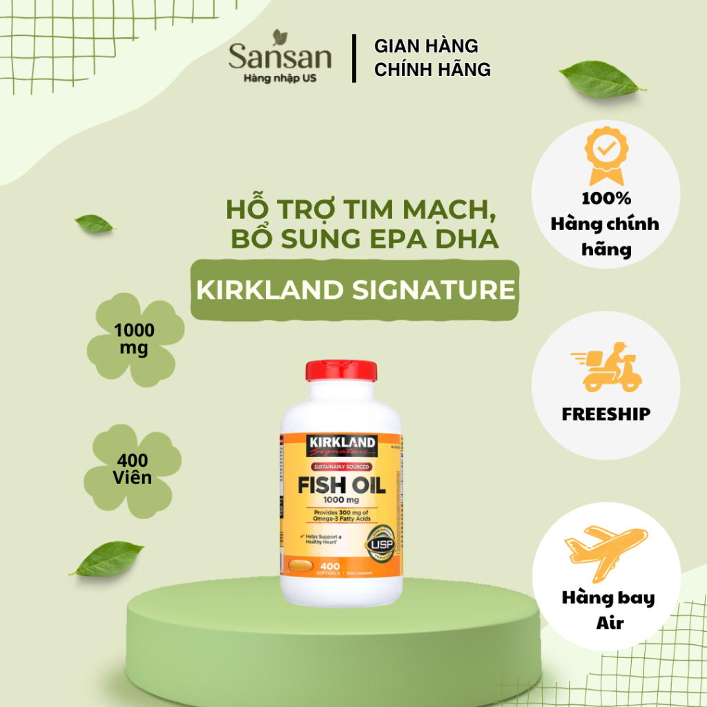 Viên Uống Dầu Cá Kirkland Signature Fish Oil 1000mg Omega-3 400 Viên Nang Mềm Hỗ Trợ Tim Mạch
