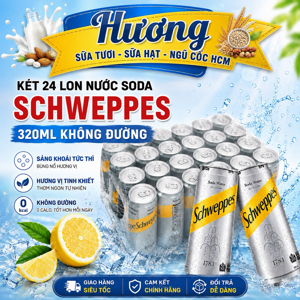 [Sỉ Két] Nước Soda Schweppes Water Lon 320ml Soda Không Đường, Ga Mạnh, Chuẩn Pha Chế Cocktai