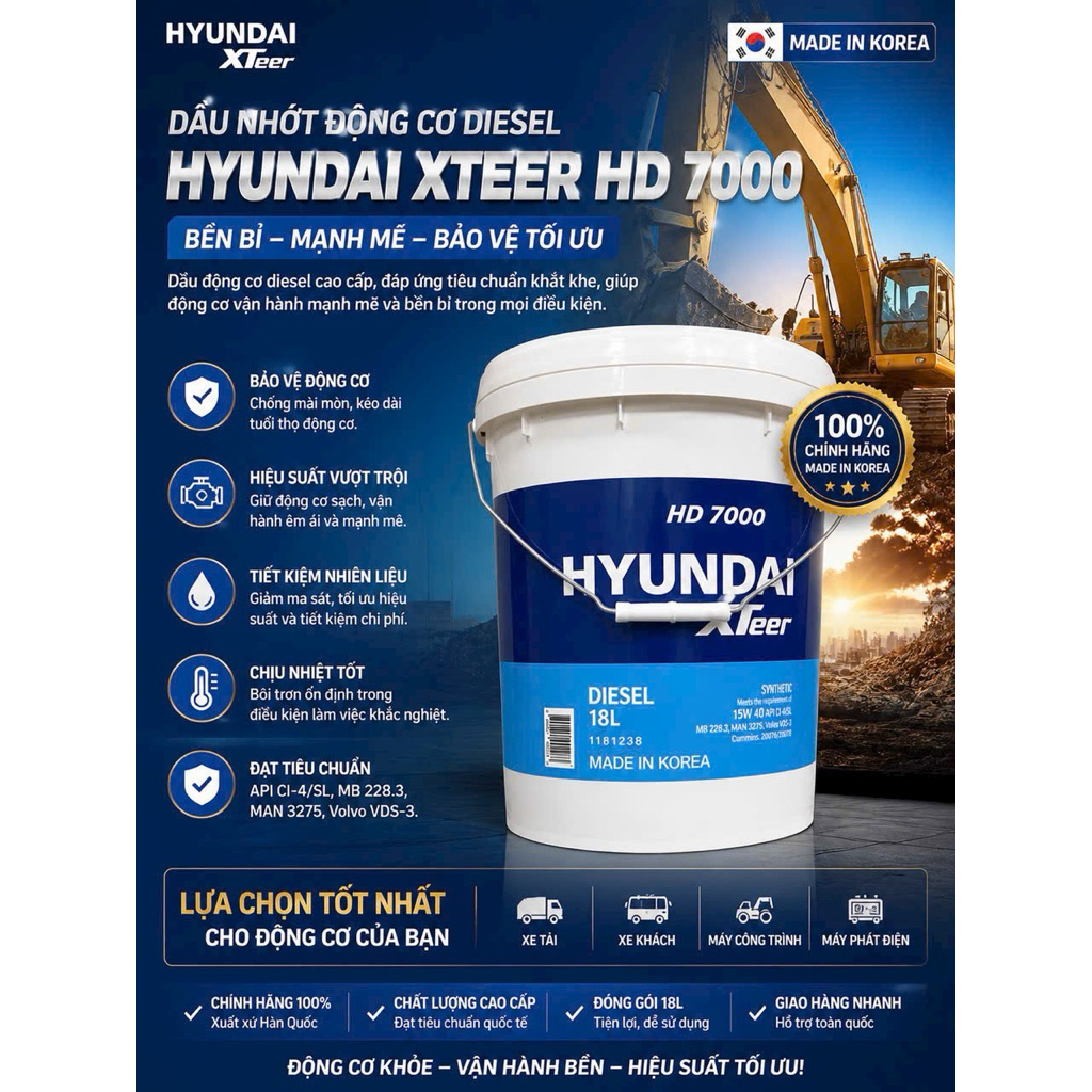 Nhớt động cơ Diesel Hyundai XTeer HD7000 CI4 15W40 Xô 18L