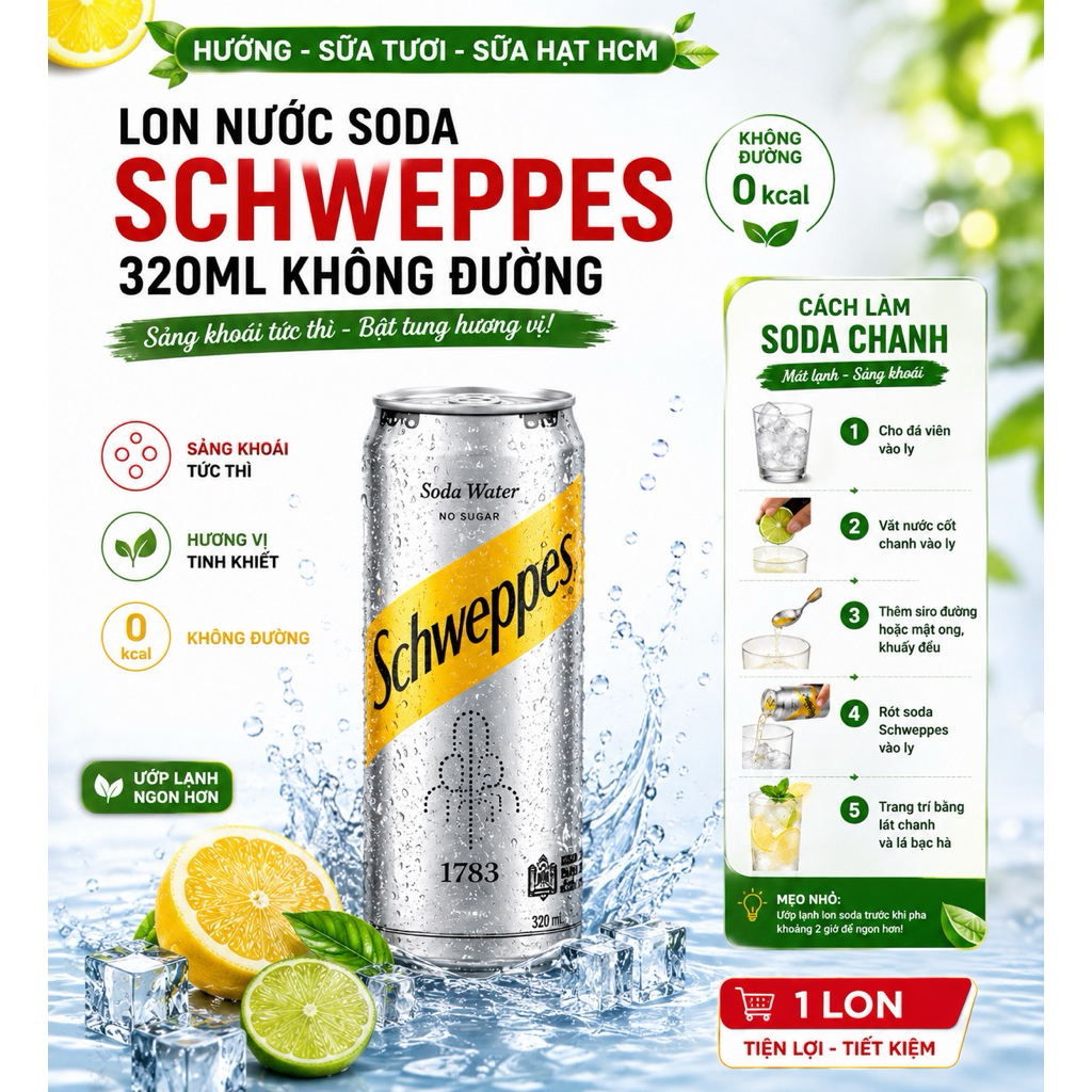 Nước Soda Schweppes Water Lon 320ml Soda Không Đường, Ga Mạnh, Chuẩn Pha Chế Cocktai