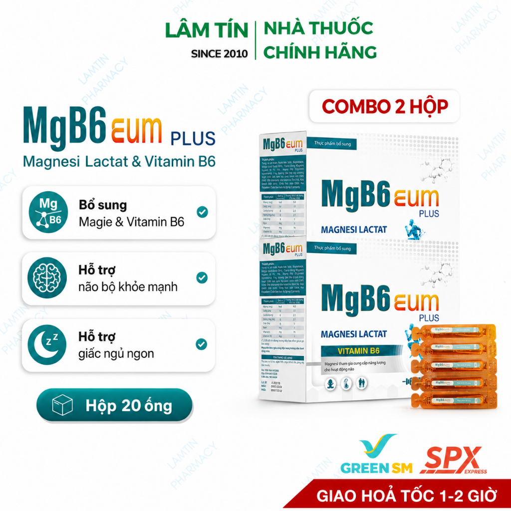 ( Tặng 1 gói kẹo dẻo chính hãng ) Combo 2 hộp Magie B6 EUM bổ sung magine giảm trằn trọc cho bé ống 