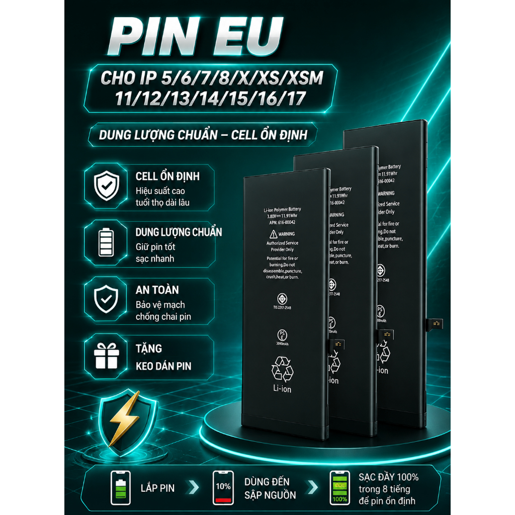 Pin EU Cho IP 5/6/7/8/X/XR/XS/XSM/11/12/13/14/15/16/17 Pin Thay Thế Dung Lượng Chuẩn Cell Ổn Định