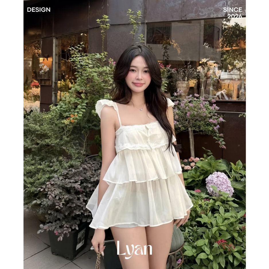 Áo 2 dây nữ voan tầng babydoll màu kem, áo kiểu hai dây voan tơ tầng bèo ngọt ngào đi chơi dạo phố -