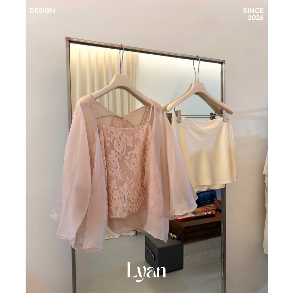 Set 3 món tiểu thư, set áo 2 dây ren hoa khoác voan kèm chân váy lụa satin ngắn - LYAN DESIGN