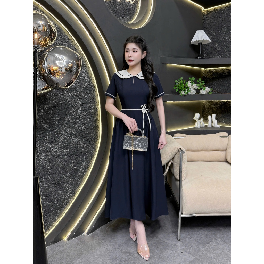 2HS126 - Váy Thiết Kế Eviici dành cho nữ, thiết kế cổ cách điệu, phối nơ liền dáng A xòe dài