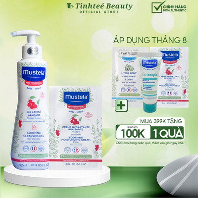 Combo Chăm sóc da bé nhạy cảm Mustela gồm Sữa tắm gội 300ML và Kem Dưỡng da mặt SOOTHING MOISTURIZING CREAM FACE 3ml
