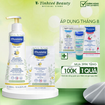 Combo Gel Tắm Gội Cho Bé Da Khô Nourishing Cleansing Gel with Cold Cream Mustela 300ml + Kem dưỡng WITH COLD CREAM 3ML
