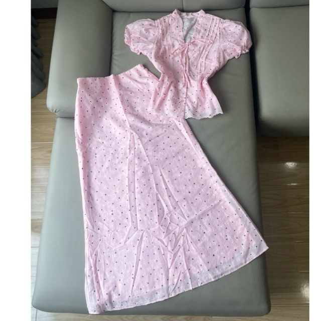Set TK xô thêu hoa chấm bi A42 áo tay ngắn và chân váy đuôi cá dài (Freesize eo <73cm) - MITRUC | BigBuy360 - bigbuy360.vn