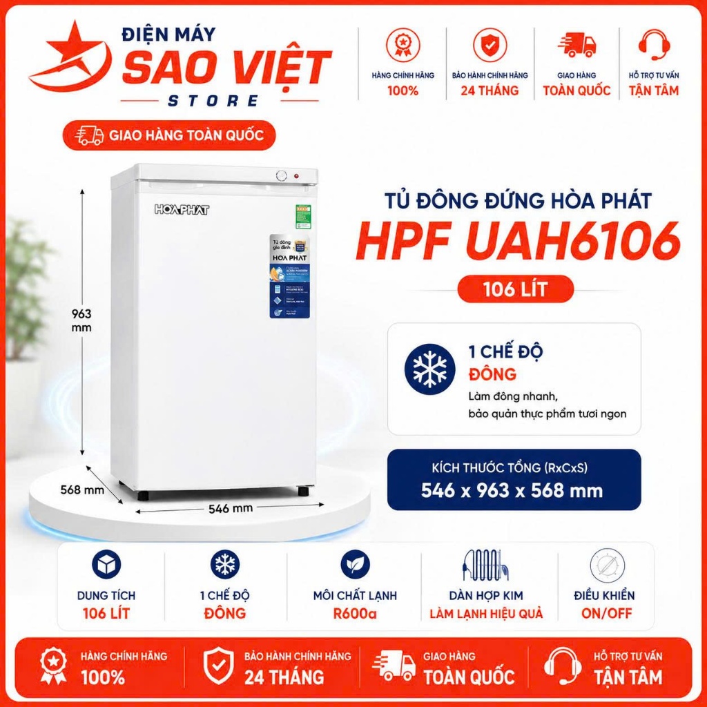 Tủ Đông Mini Hòa Phát 106 Lít HPF UAH6106 Bốn Ngăn Tiện Lợi Bảo Hành Toàn Quốc Tại Nhà