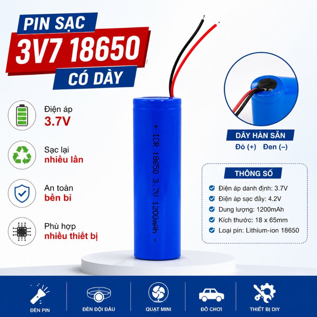 Pin Sạc 3.7V Có Dây 18650 Lithium-ion – Pin Sạc 3v7 Dây Đỏ Đen Dùng Cho Đèn…