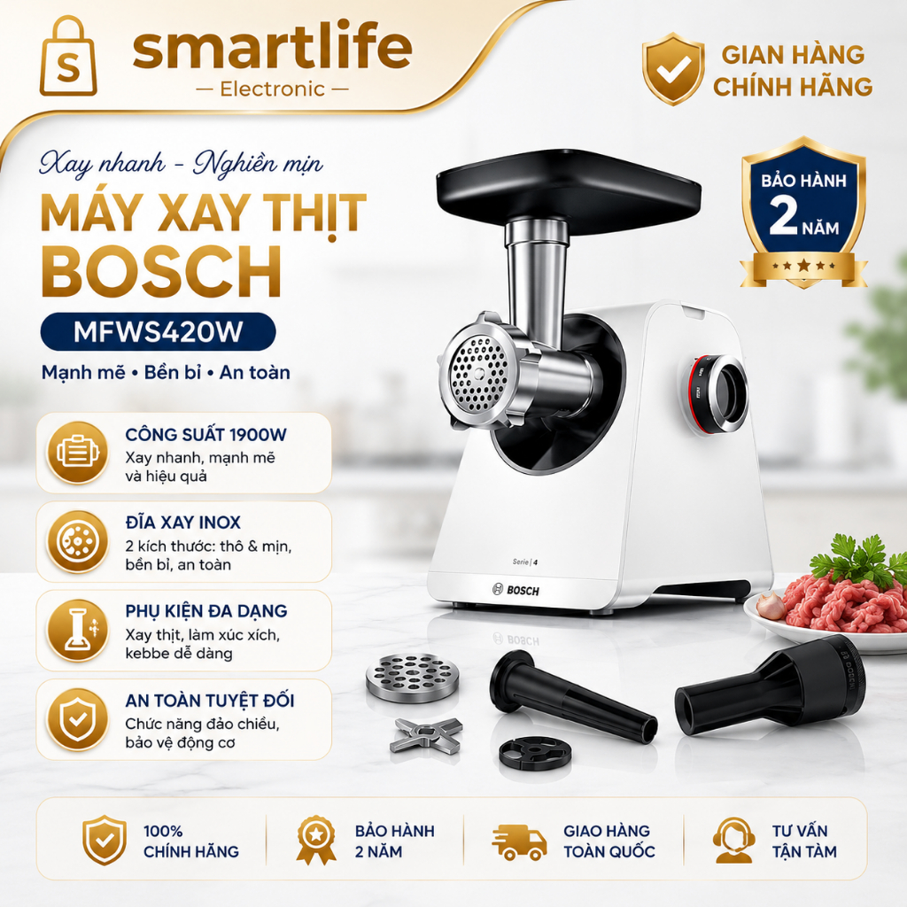 Máy xay thịt MFWS420W Bosch Công suất 1900W 3 đĩa xay inox Chất liệu cao cấp Dễ dàng sử dụng