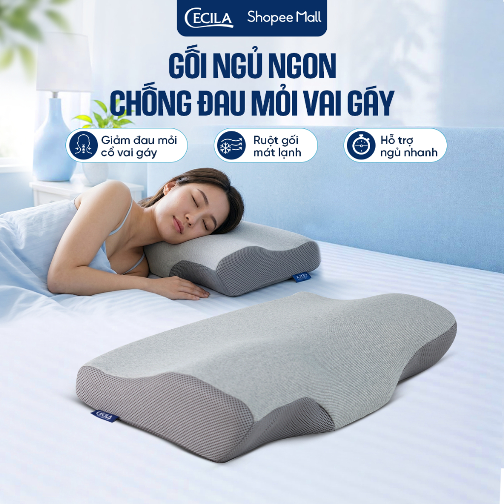 Gối cao su non người lớn CECILA thiết kế công thái học, hỗ trợ ngủ nhanh, giảm đau cổ vai gáy có gel