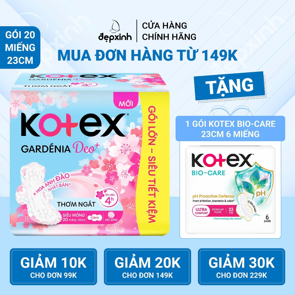 Băng vệ sinh Kotex Gardenia Deo+ Hoa Anh Đào siêu mỏng cánh 23cm x 20 miếng